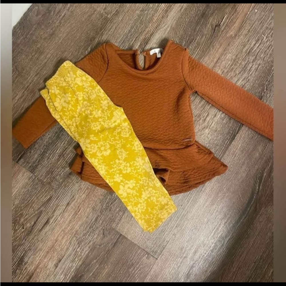 Rust Orange Peplum Top and Yellow Floral Leggings Set